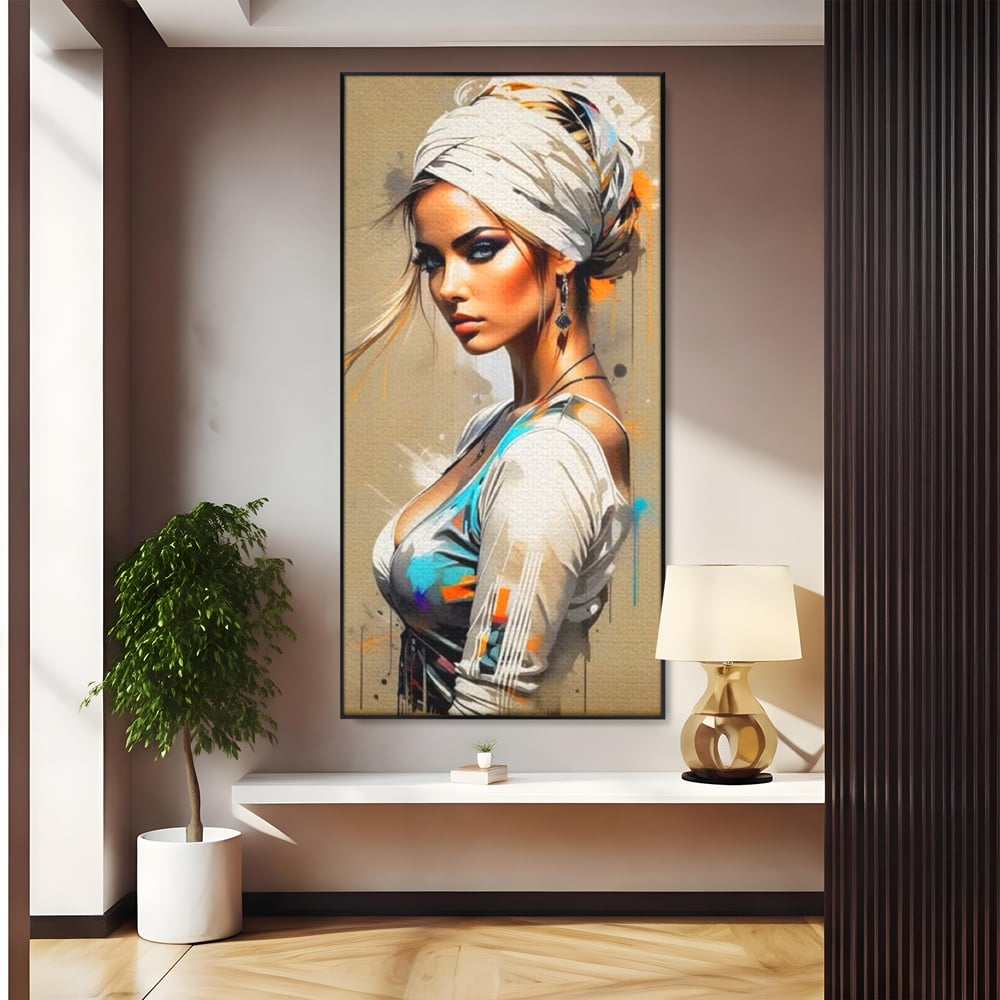 Tablou canvas cu tablou canvas cu portret de femeie, in rama de aluminiu negru